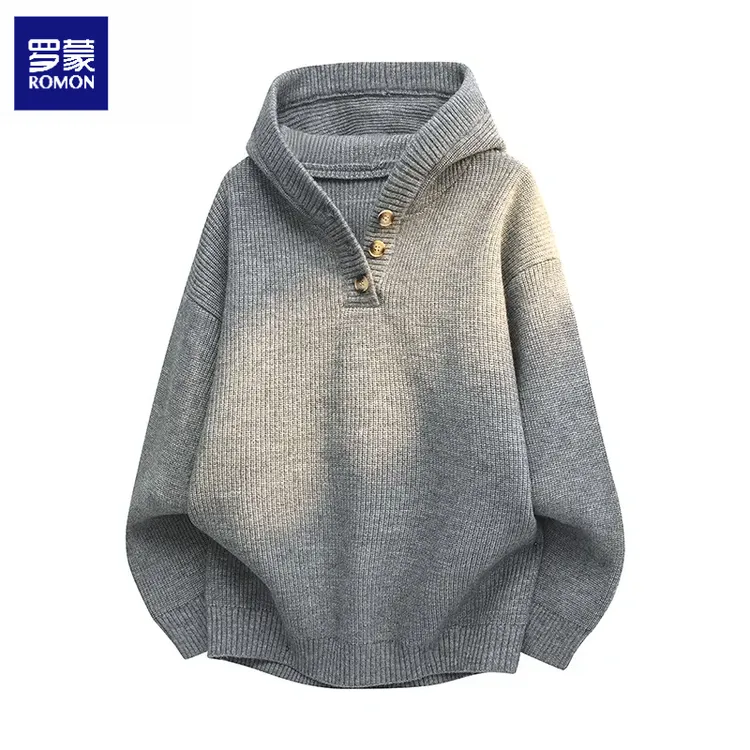 罗蒙美式亨利领连帽针织毛衣男款春秋季宽松高级感情侣针织衫外套