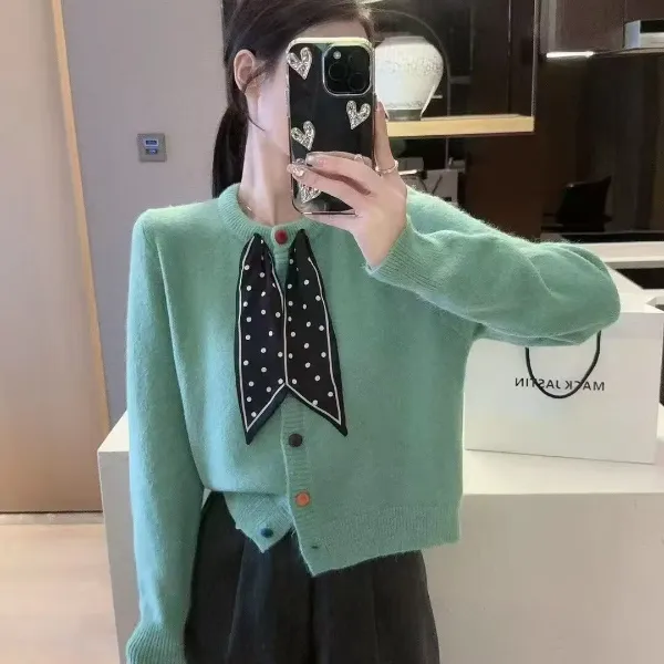 绿色小香风毛衣外套女秋新款高级感慵懒宽松韩系短款羊毛针织开衫
