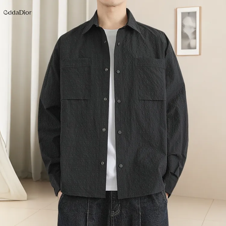 eddaDior夹克式长袖衬衫色春秋衫高级感男士韩版工装泡泡纱打底休