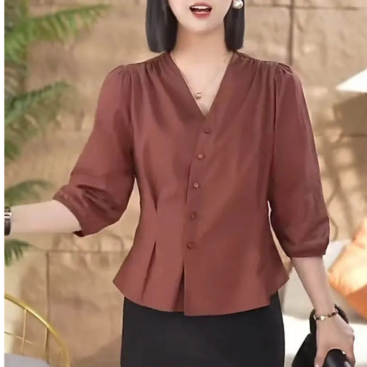 春夏开衫衬衫薄软高定扣子款收腰女人上衣气质时尚七分袖衬衫女