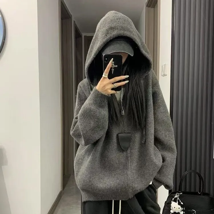慵懒老钱风灰色拉链连帽毛衣外套女秋冬季软糯设计感针织卫衣开衫