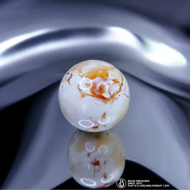 「繁华」14.2mm橘白彩沁妖花圆珠c   天然琥珀蜜蜡高端手作文玩配饰