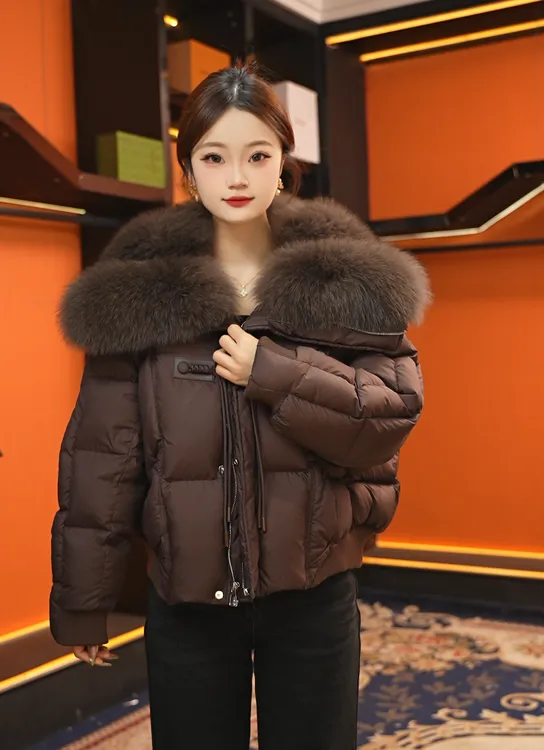 2025年新款鸭绒服巧克力色可拆卸毛领百搭时尚羽绒服018