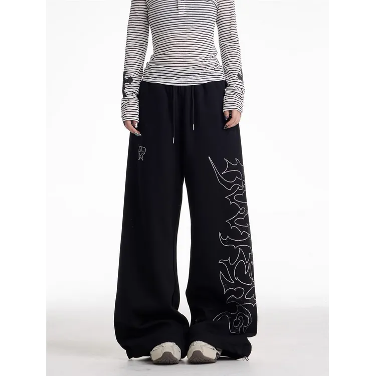 美式复古烫钻休闲卫裤男女宽松爵士舞慵懒风阔腿运动裤子jzza街舞