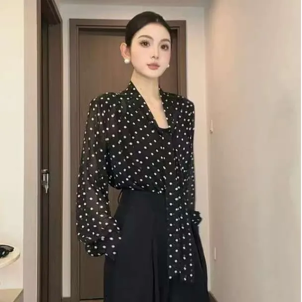【前后2穿】V领高级感气质洋气上衣法式独特黑色波点无袖衬衫女夏