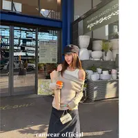 Ranwear 迷人怪才 韩系撞色假两件露肩椰子扣针织衫修身长袖上衣