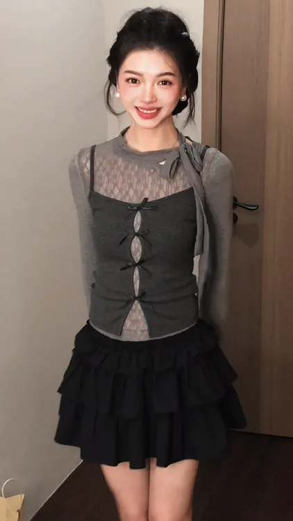 纯欲风韩版套装女假两件长袖上衣轻熟小众不撞款套装新款半身裙潮