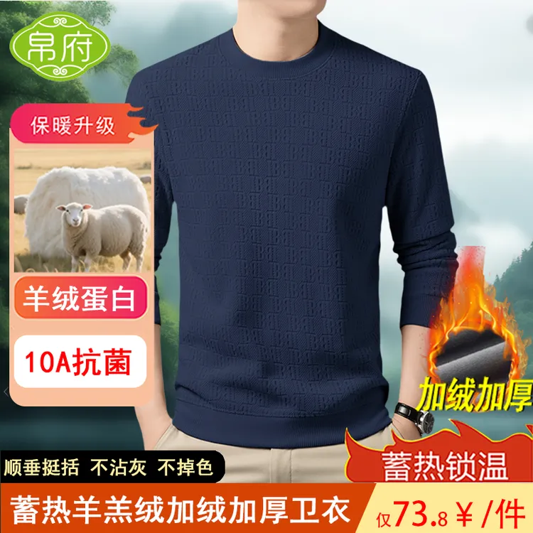 【蓄热保暖羊羔绒+抗起球】高档男士加绒秋冬圆领毛衣上衣双十一购