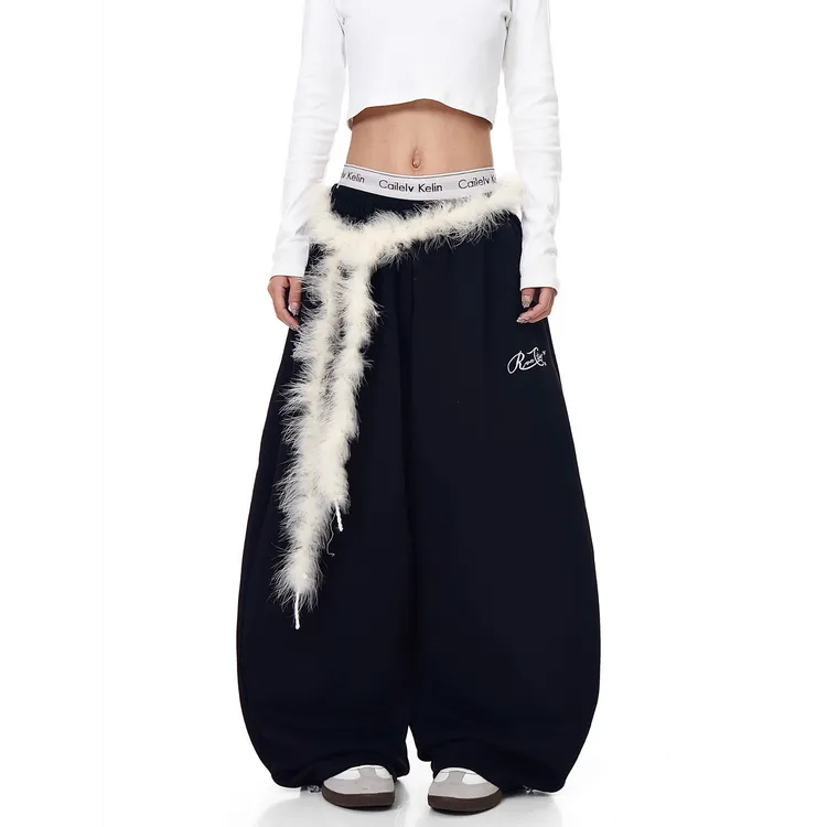 美式复古毛绒腰带弯刀休闲卫裤女秋冬款运动裤爵士舞宽松阔腿裤潮