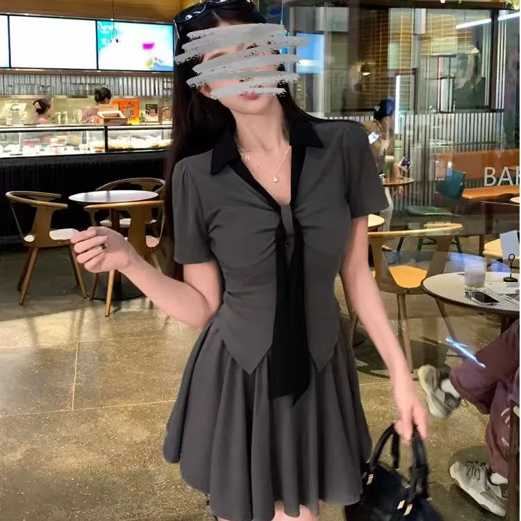 夏季纯欲风蝴蝶结收腰设计上衣高腰半身裙套装