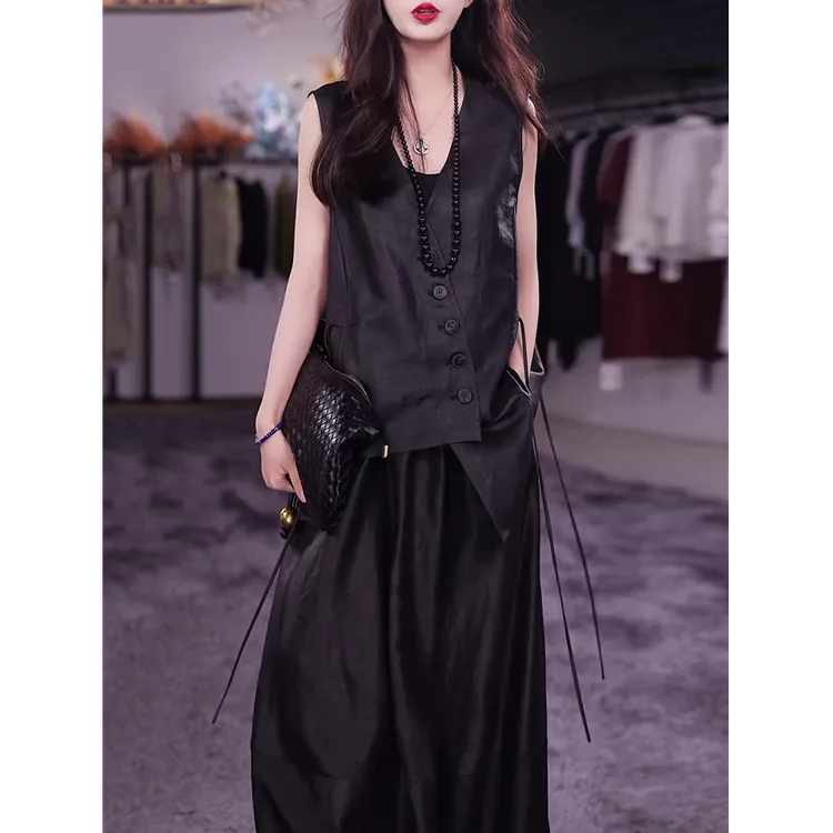 高档时尚民族风套装女2025夏季新款复古气质黑色马甲上衣+半身裙