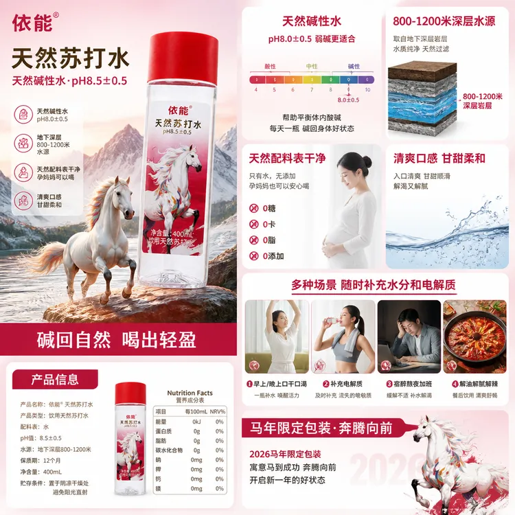 依能苏打水正品100%天然碱性8.5男女老少孕妈妈饮用水400ml*15瓶商品图