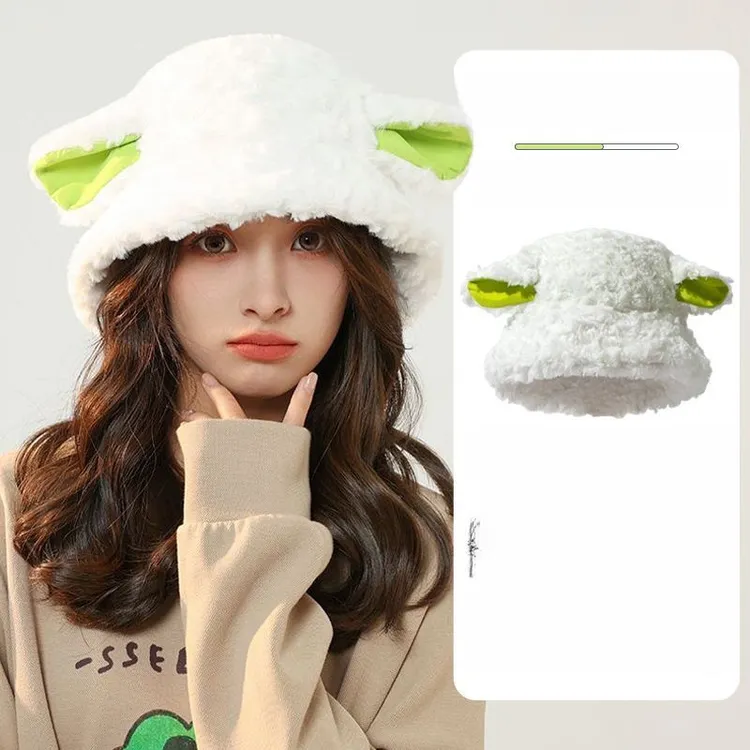 冬天咩咩羊耳朵帽女韩版可爱羊羔毛绒渔夫帽女百搭保暖小羊帽子潮