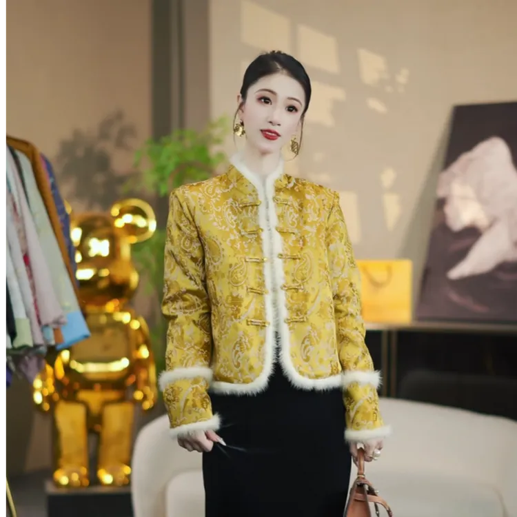 8111新国潮立领腰果花水貂毛加棉外套