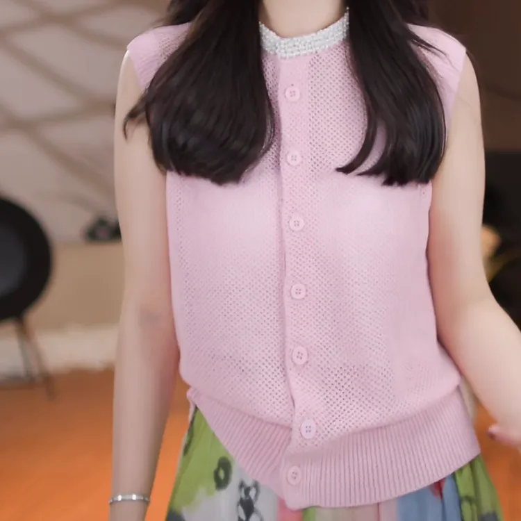 设计感拼接立领无袖针织开衫女春夏2025新款时尚高级感粉色上衣