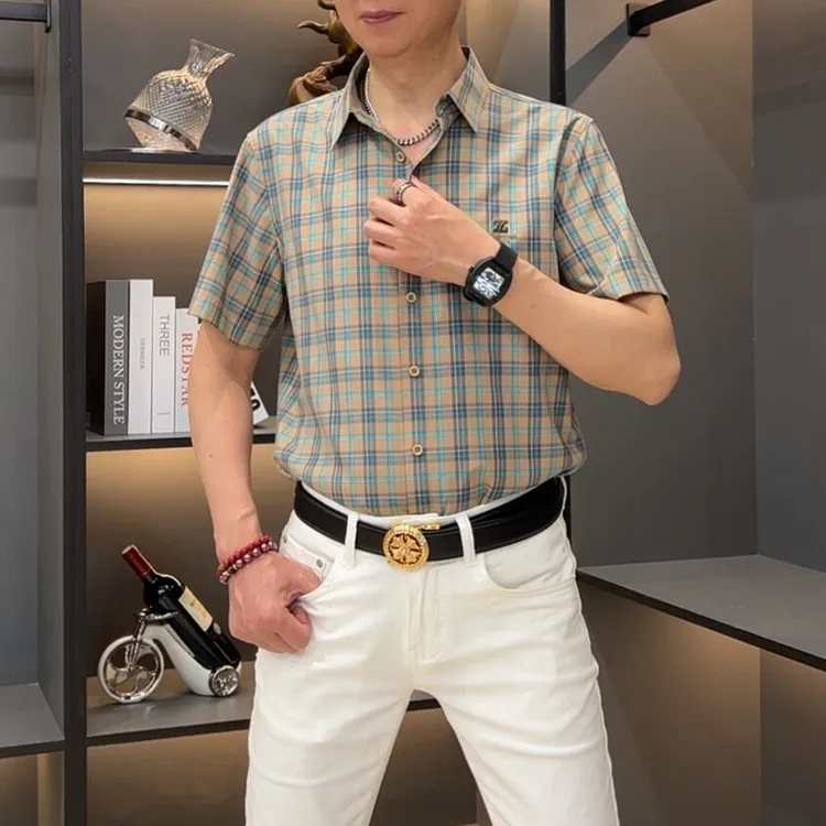 2025桑蚕丝条纹时尚短袖衬衫男士休闲免烫半袖衬衣夏季高弹衬衣潮
