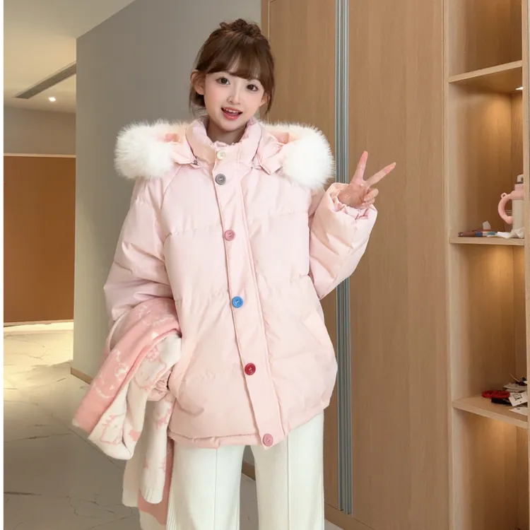 大毛领彩扣棉服韩版棉衣外套女冬季2025年秋冬新款棉衣保暖面包服