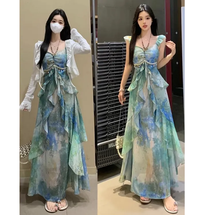 林间浮夏夏季新款吊带气质连衣裙女夏季印花雪纺显瘦遮肉连衣裙女