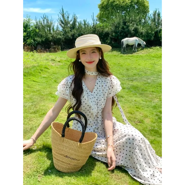 MARIE.COCO法式泡泡袖V领波点小飞袖衬衫上衣宽松气质半身裙套装