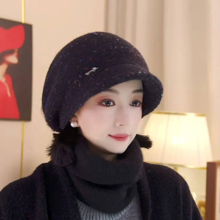 毛线针织堆堆帽女秋冬防风帽子保暖双层护耳帽百搭出游短檐鸭舌帽