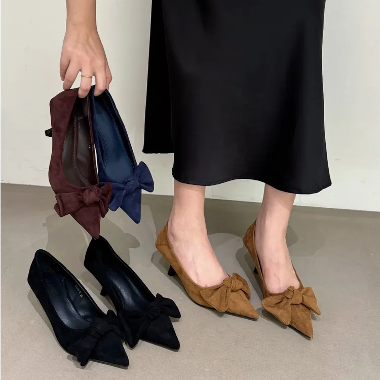 KML-8826-5新款2025秋季尖头绒面蝴蝶结复古高跟鞋女细跟通勤单鞋