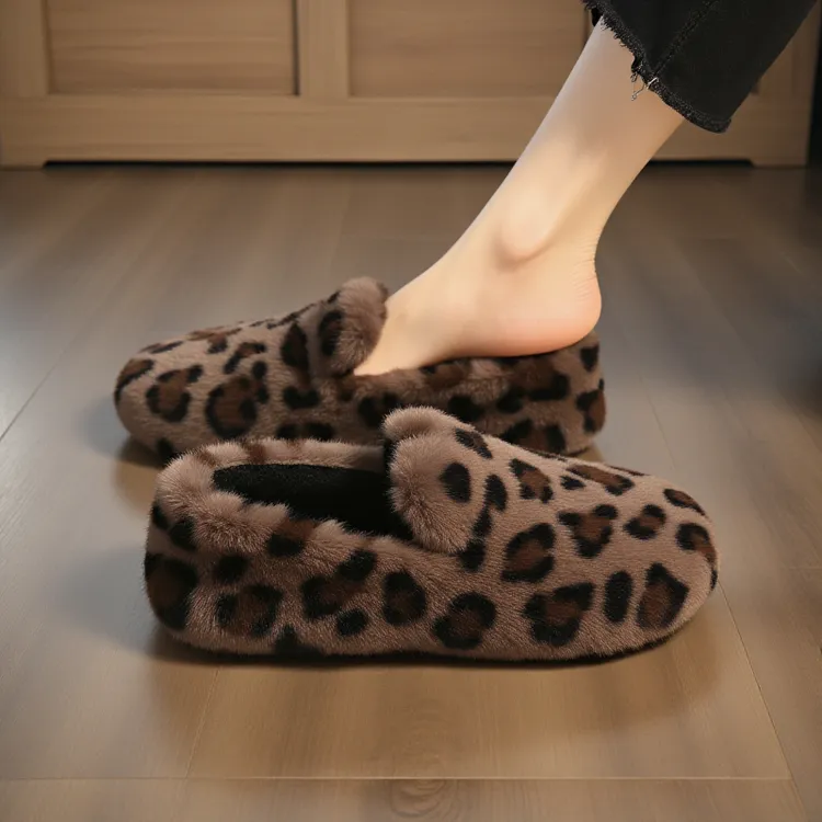 【水貂绒】豹纹毛毛鞋女冬季外穿高级感加绒保暖网红欧货一脚蹬棉鞋