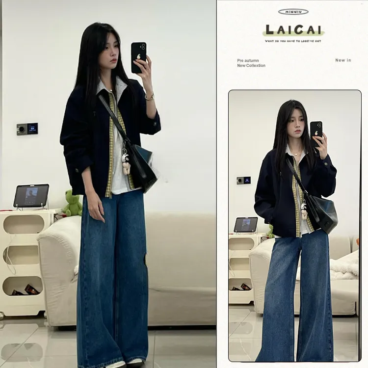 韩系炸街宽松拼接假两件夹克外套设计感百搭休闲牛仔裤两件套女潮