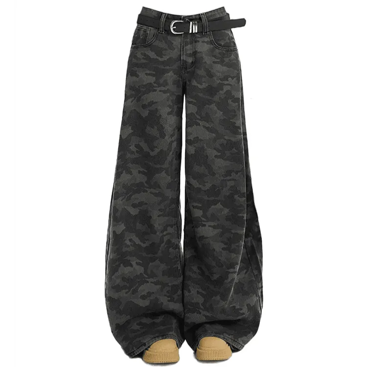 158小个子高腰迷彩色阔腿春秋款百搭牛仔裤女显瘦显高坠感拖地裤