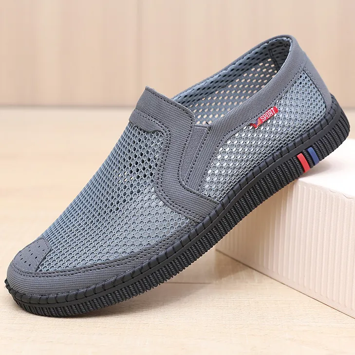老北京布鞋男夏季透气大网孔中老年爸爸一脚蹬透气薄款镂空男网鞋