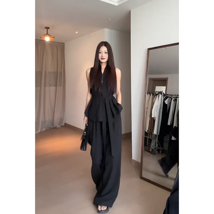INS CEC高级感简约设计无袖绑带收腰上衣女高腰直筒阔腿时尚套装