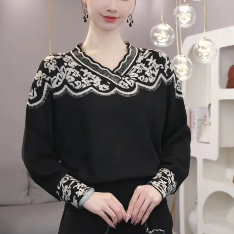 高级感烫钻女士休闲宽松百搭上衣宽松韩版气质减龄毛衣针织打底衫