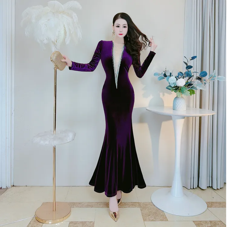 【雪儿原创】优雅气质女人味丝绒鱼尾裙修身显瘦收腰包臀礼服连衣裙