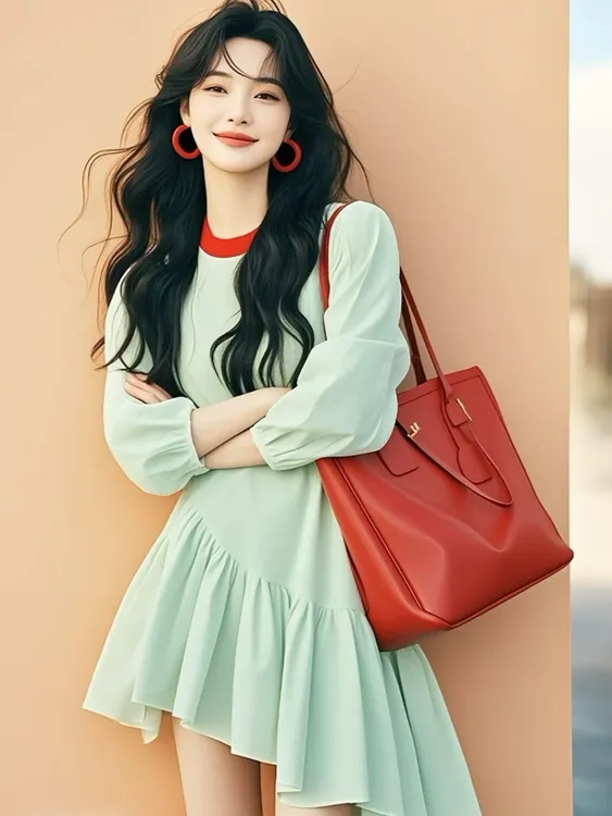 春季新款冷淡系独特收腰小众减龄绿色圆领不规则连衣裙女