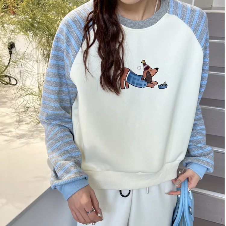 清新可爱小狗提花撞色条纹软糯慵懒风针织毛衣8621