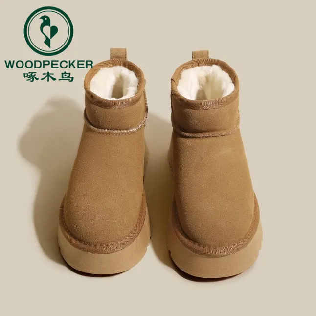 啄木鸟厚底小个子雪地靴女皮毛一体加绒加厚保暖2025新款冬季棉鞋
