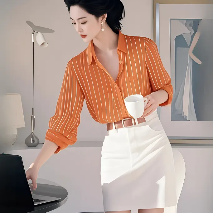 2025春季新款橙色polo领长袖衬衫小个子设计感小众上衣百搭套装