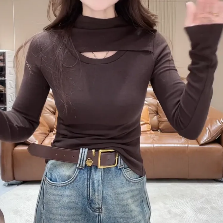 【江南雪】冬季磨毛半领高级感镂空小心机百搭打底T恤LK2508866