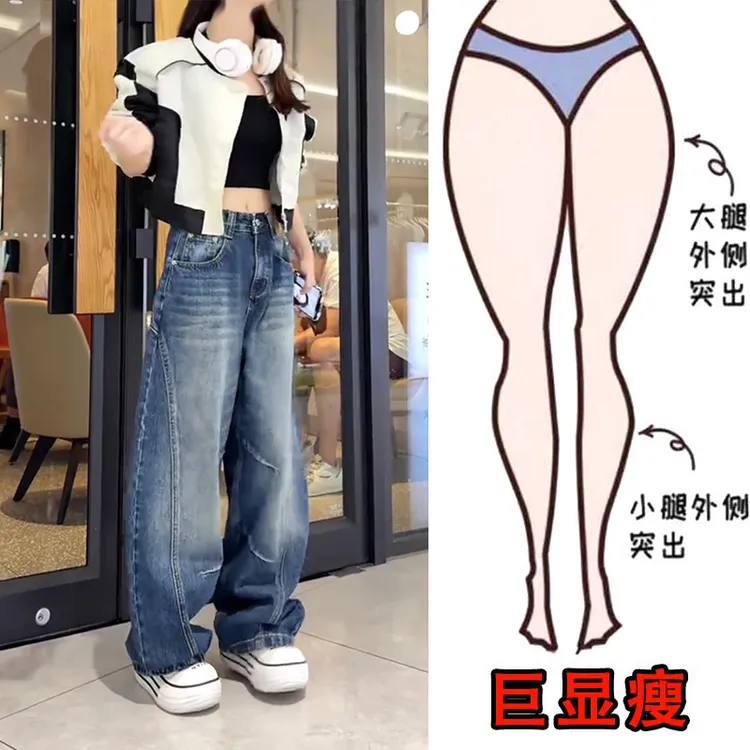 秋冬款美式加绒加厚水洗女时尚梨形身材高腰宽松显瘦阔腿裤牛仔裤