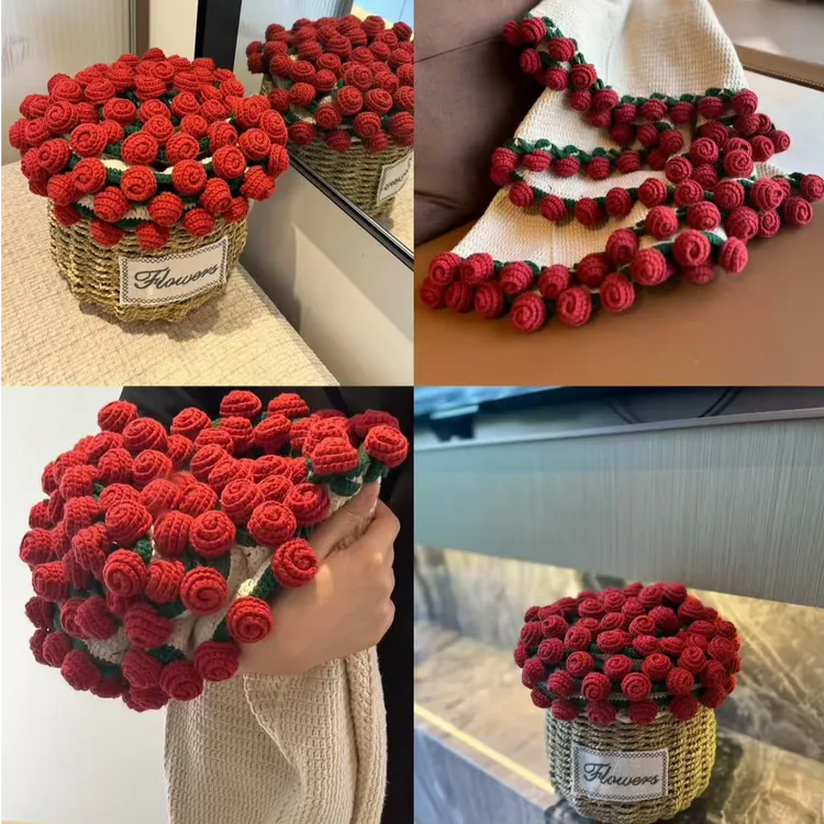 玫瑰花束毯子diy材料包牛奶棉毛线团午睡盖毯节日创意送女友礼物