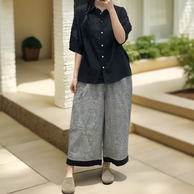 夏季新款色织黑白格子纯亚麻阔腿裤宽松松紧腰女裤休闲百搭