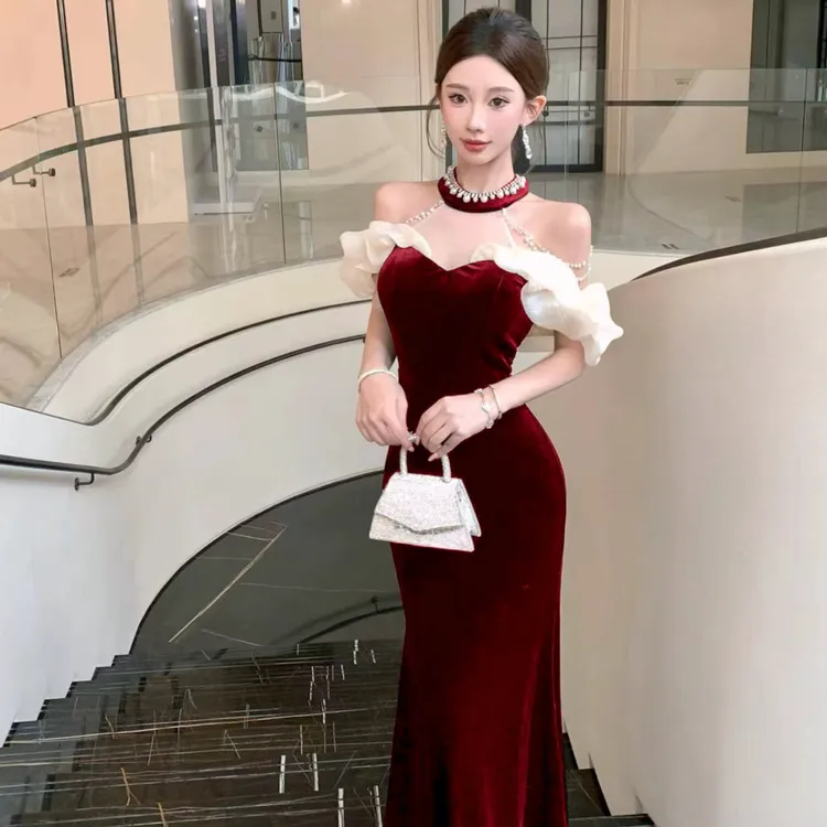 法式高端轻奢一字肩主持人高级重工宴会晚礼服女年会黑色鱼尾裙女