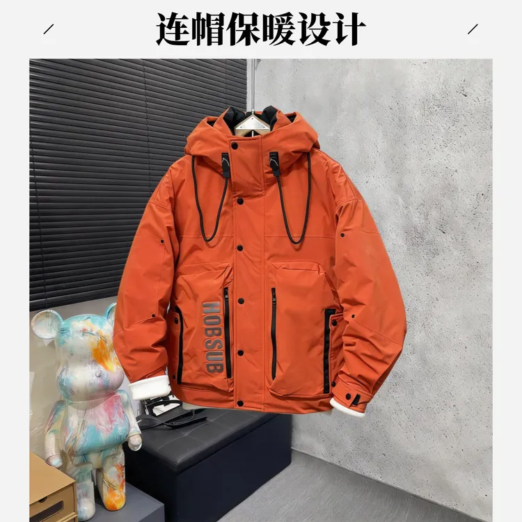 K先生男装店 冬季字母工装多口袋连帽羽绒服男士白鸭绒冲锋衣外套