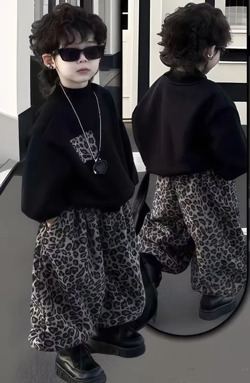 男女宝儿童秋季新款亲子套装豹纹卫衣灯笼裤两件套装韩版百搭洋气