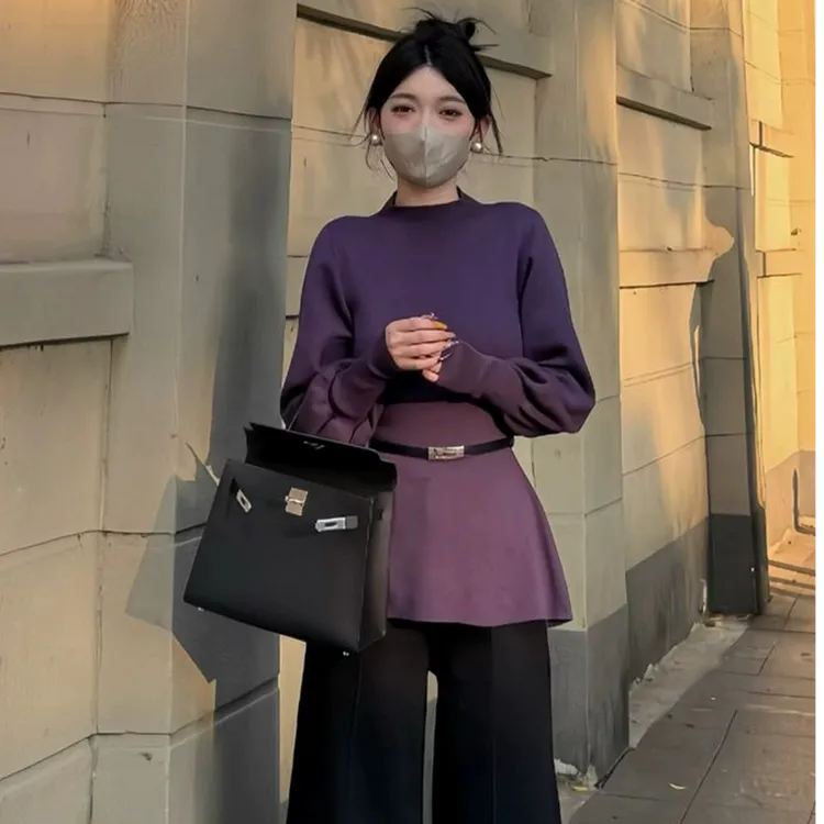 G721#大码半高领收腰显瘦针织衫女秋冬打底衫时髦又上衣女秋冬