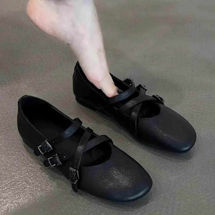羊皮版~法式复古圆头交叉扣带玛丽珍鞋女黑色百搭平底芭蕾舞单鞋