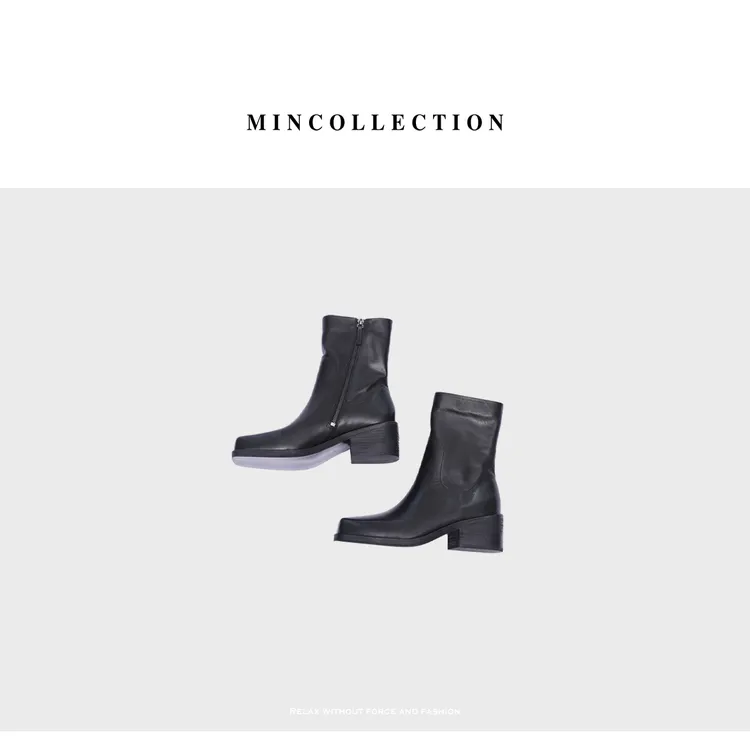 DE Mincollection复古方头厚底粗跟骑士短靴全真牛皮中筒靴X598