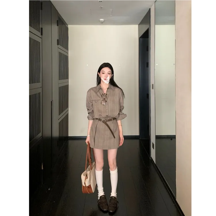优秀的金蘑菇【miu式日常 自由高智】千鸟格纹长袖衬衫短裙套装