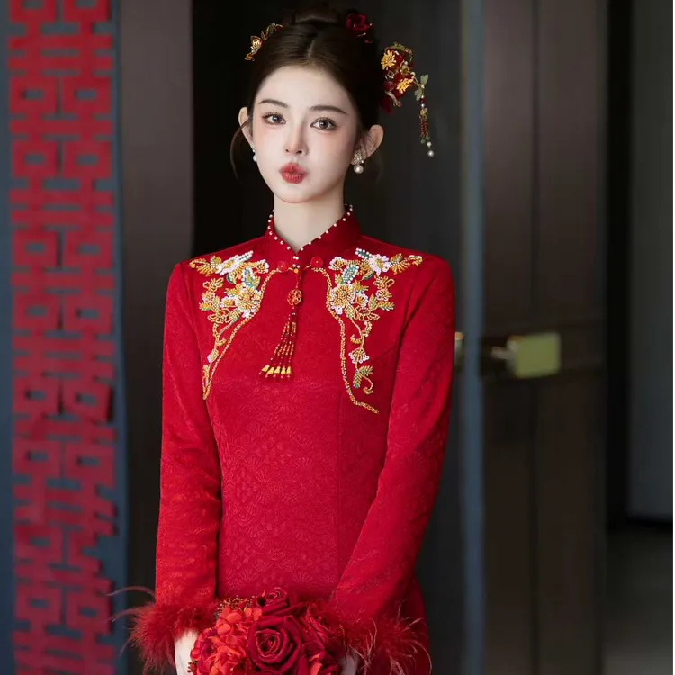 红色旗袍敬酒服新娘2025新款新中式结婚订婚礼服裙小个子