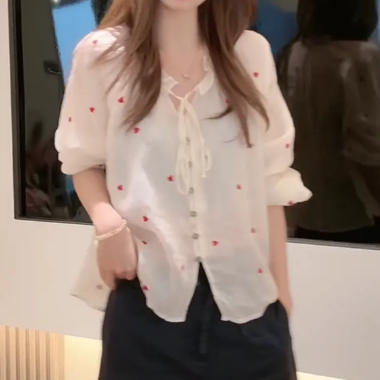 洋气设计感爱心衬衫简约时尚百搭长袖衬衣女2025夏季新款防晒上衣