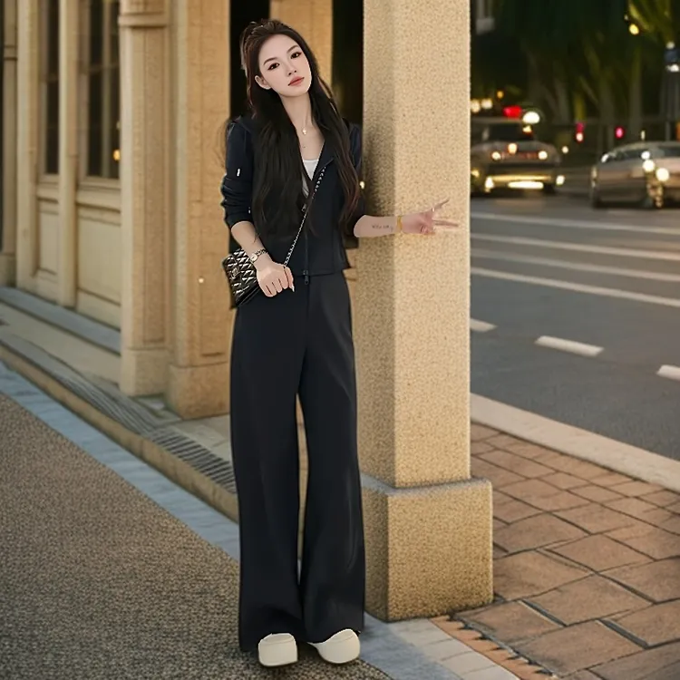休闲运动套装女网红时尚黑色修身秋季2025新款显瘦垂感两件套